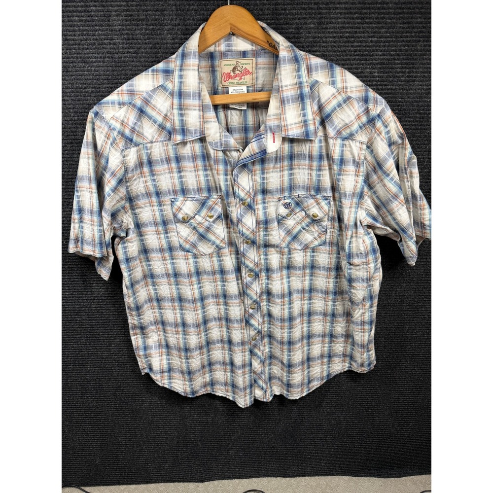 Wrangler American Cowboys Mens XXL Blue Plaid Western Short Sleeve Snap Shirt